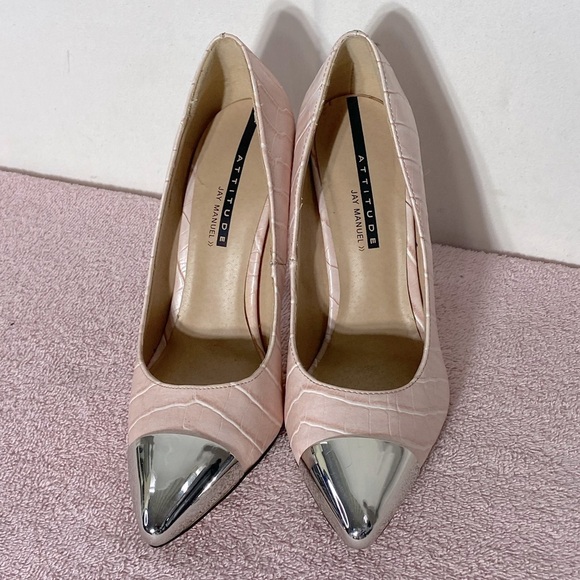 5/$25 Attitude By Jay Manuel Pink Faux Reptile Leather Pumps With Chrome Toes 7 - Picture 2 of 12